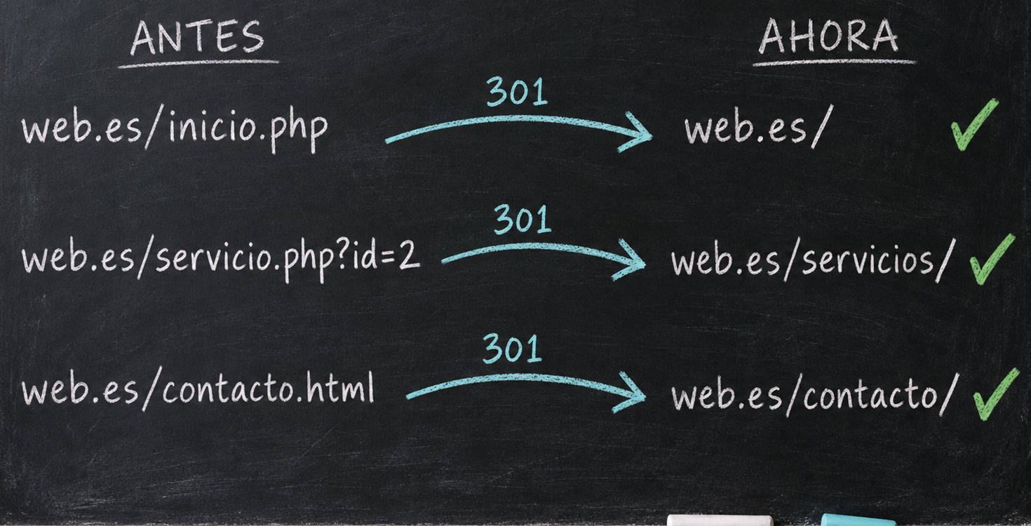 Pizarra con flechas dibujadas que conectan direcciones web antiguas con sus nuevas direcciones