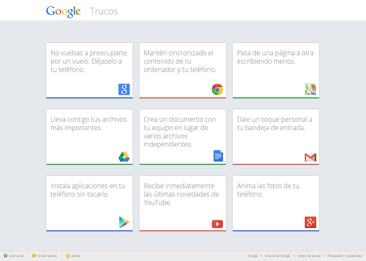 Página «Trucos» de Google de 2014 con nueve tarjetas: Google Now, Chrome, Maps, Drive, Docs, Gmail, Google Play, YouTube y Google+